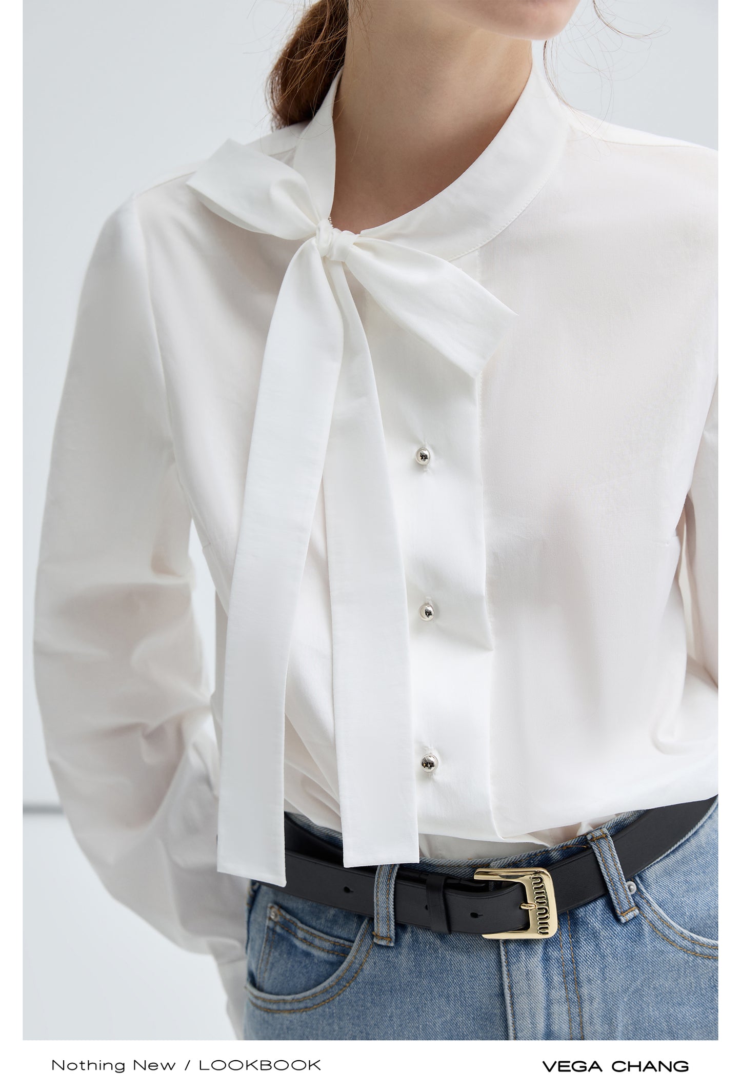 Ball Button Tie Neck Cotton-Nylon Blend Shirt