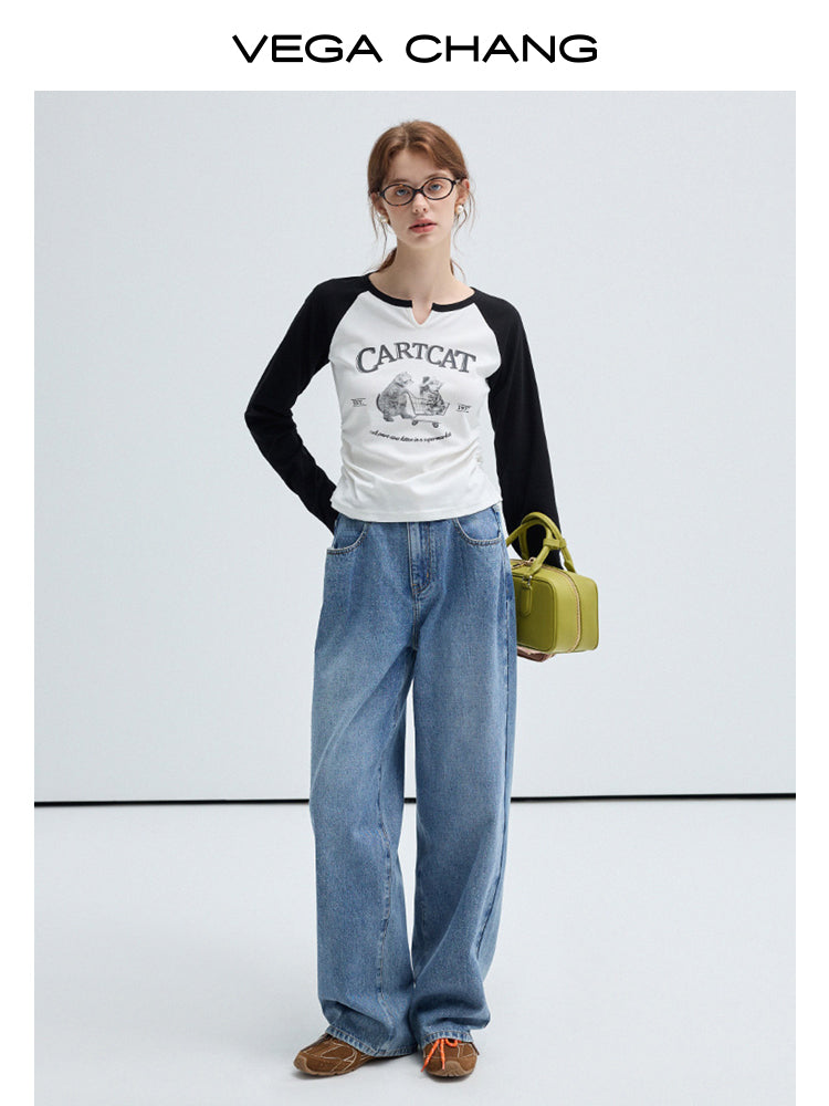 High Waist Loose Fit Starry Washed Straight Jeans