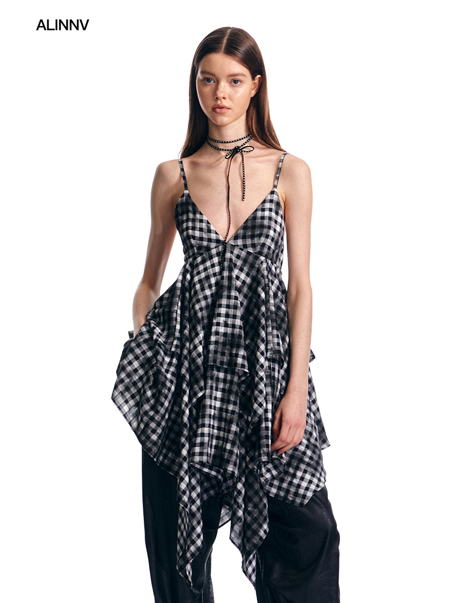 Asymmetric Gingham Check Layered Camisole Dress