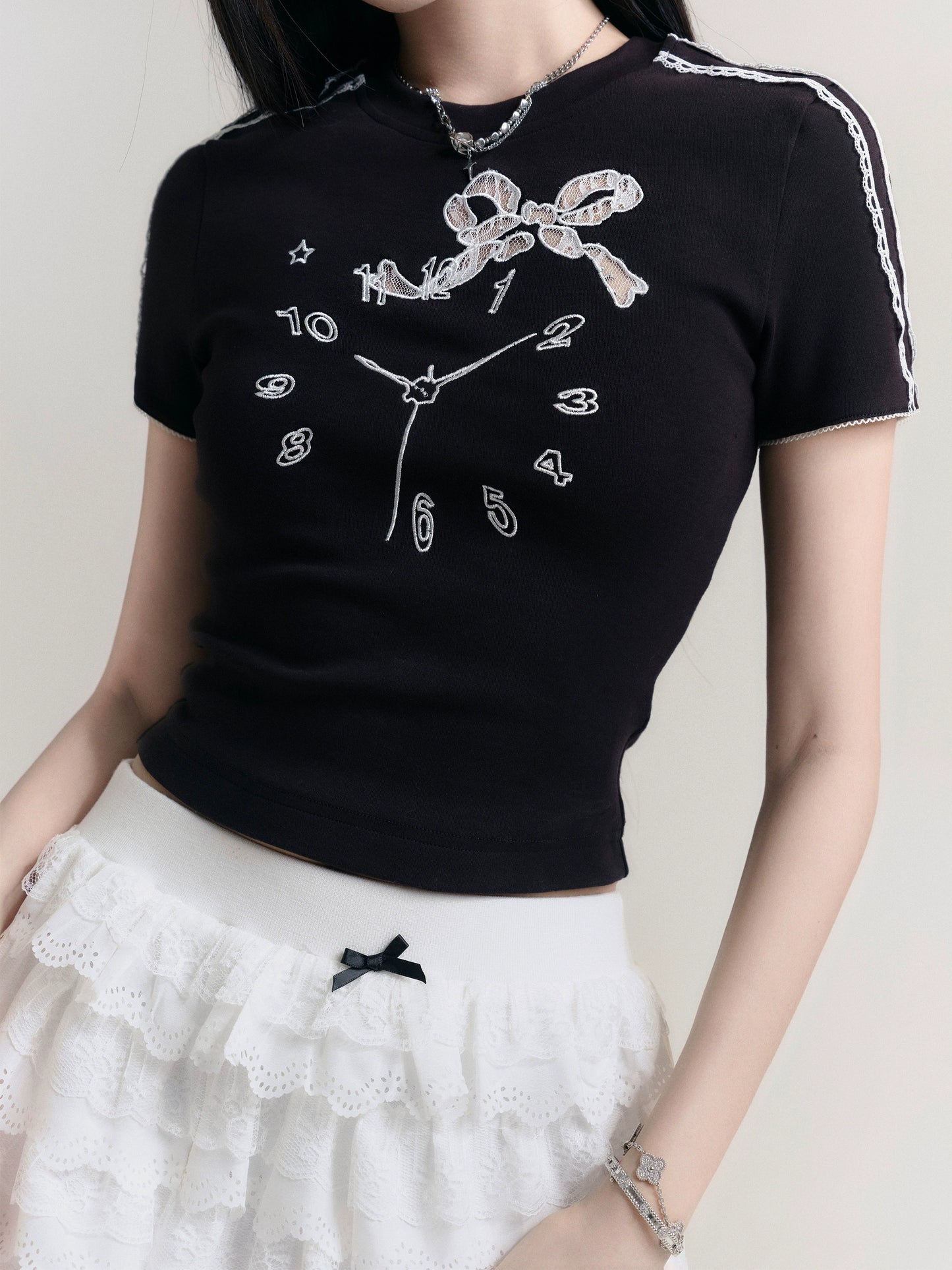 Clock Embroidered T-Shirt With Lace Trim And Bow Accents