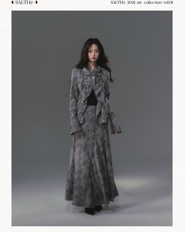 Textured Open Front Draped Jacket, Matching Skirt