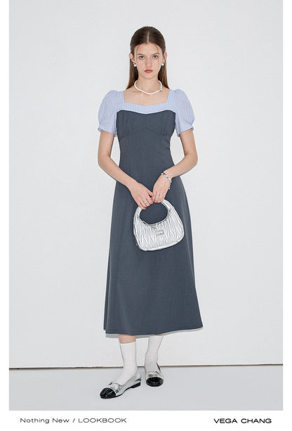 Puff Sleeve Striped Pinafore Shirt Dress