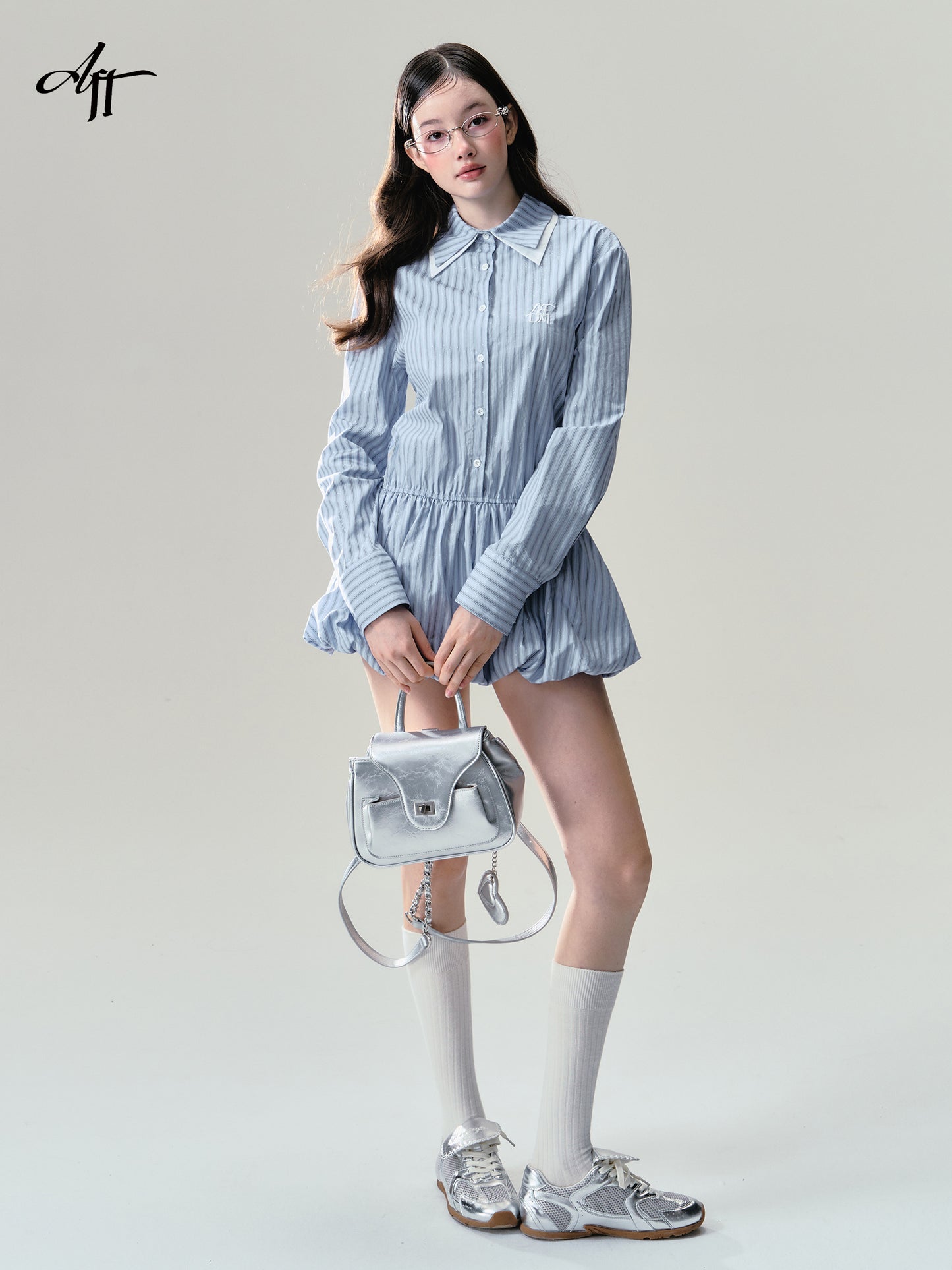 Layered Collar Glitter Striped Balloon Shirt Dress