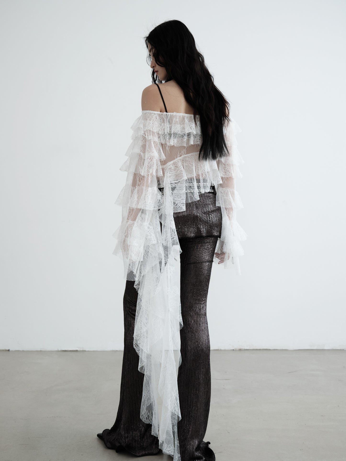 Asymmetric Hem Ruffled Sheer Lace Blouse