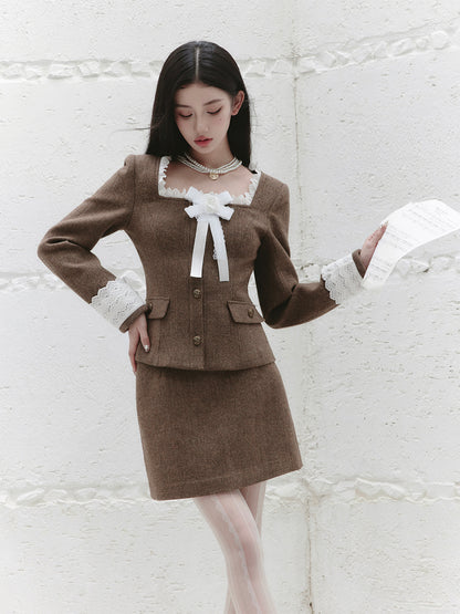 Rose Lace Square-Neck Jacket And Skirt Suit