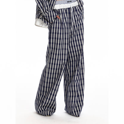 Foldable Waist Stripe-Look Checkered Pants