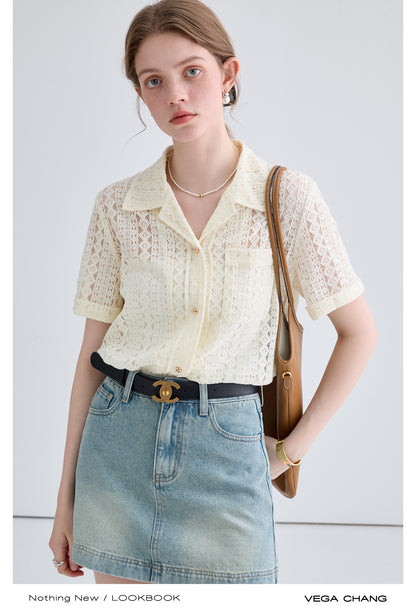 See-Through Lace Shirt And Washed Denim Skirt