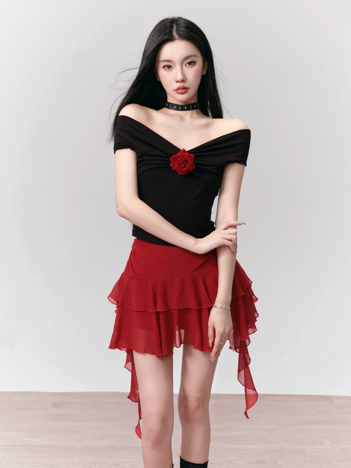 Rose Motif Knit Off-Shoulder Top And Ruffled Chiffon Skirt