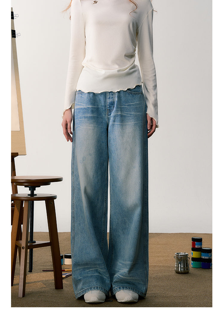 Logo Embroidered Washed Wide-Leg Jeans