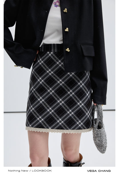 Heart Button Lace Collar Jacket, Bias Plaid Skirt