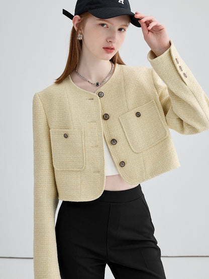 Wool Blend Collarless Cropped Tweed Jacket