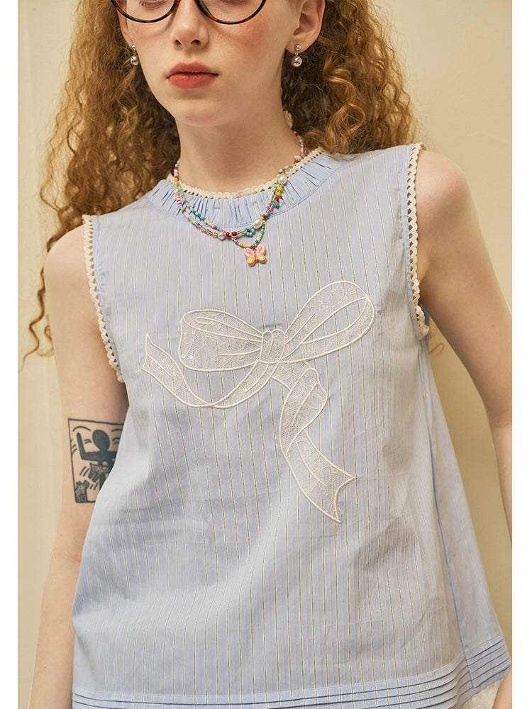 Lace Bow Embroidery Striped Sleeveless Top With Shirred Neck