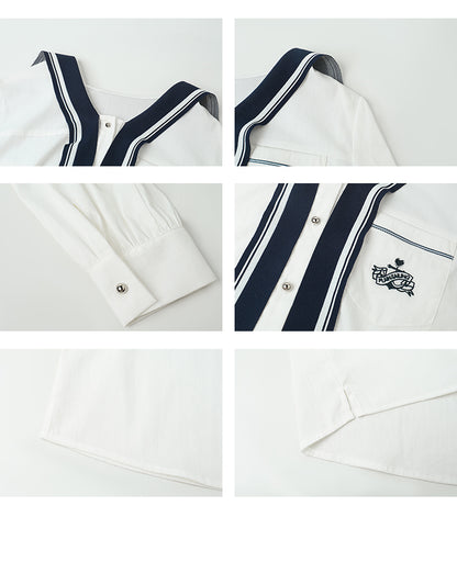 Emblem Embroidered Sailor Collar Tie Neck Shirt