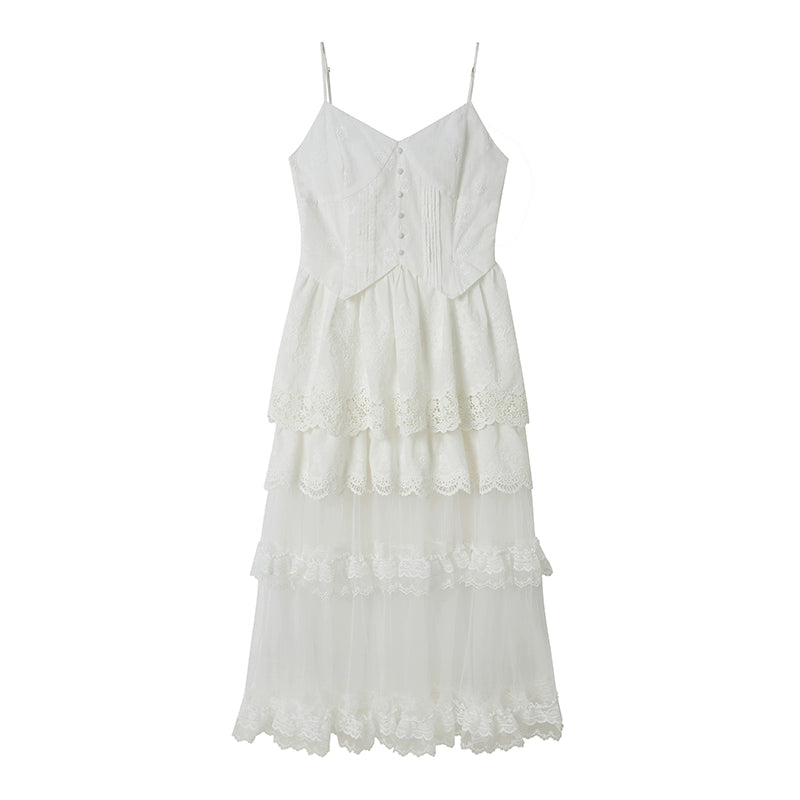 See-Through Embroidered Lace Long Tulle Organdy Dress