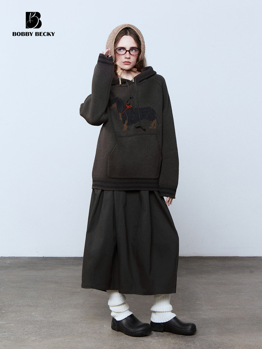 Dachshund Jacquard Hoodie Knit Top And Twill Skirt