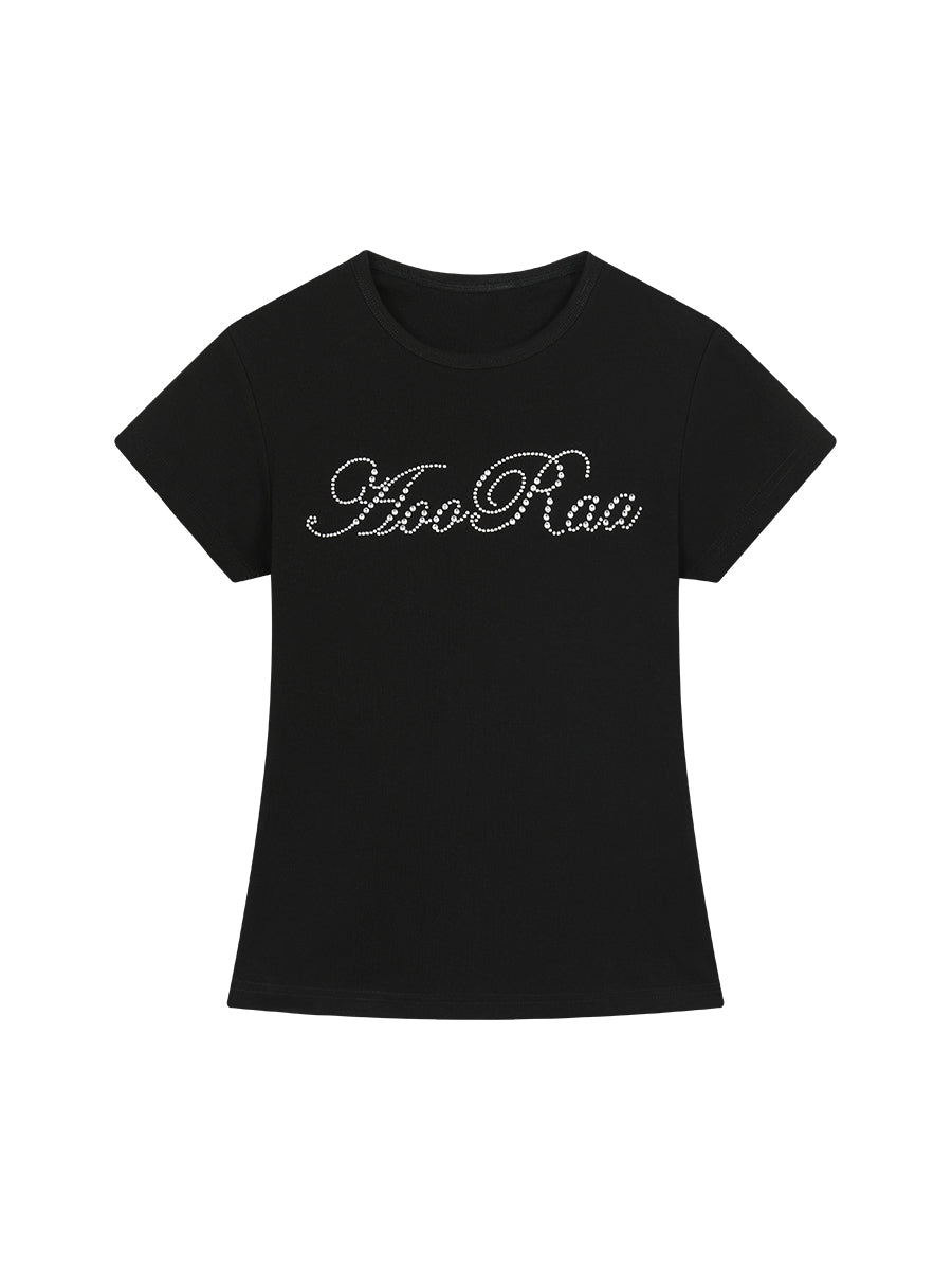 Rhinestone Letter Round Neck Cotton Basic T-Shirt