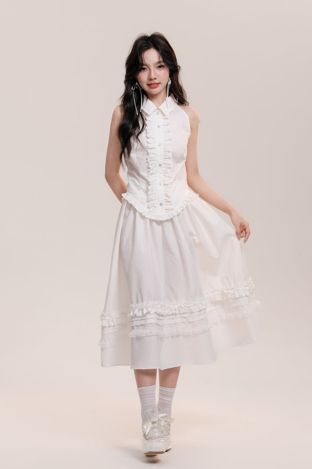 High Waist Lace Frilled Zip Up Flare Long Skirt