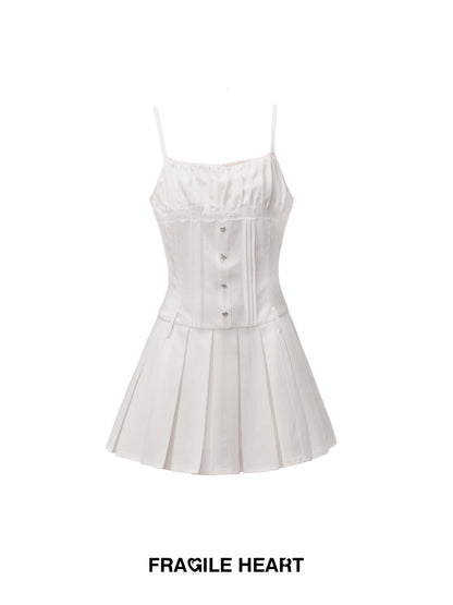 Shirring Short Pleated A-Line Dress With Unique Buttons