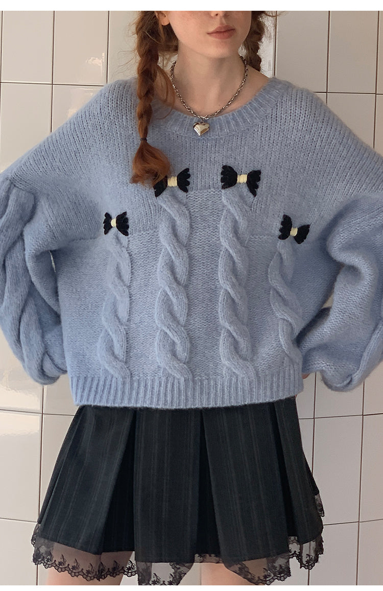 Bow Accent Drop Shouldered Knit Sweater