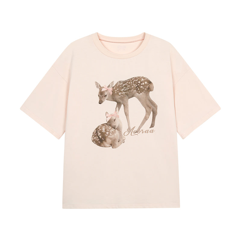 Oversized Deer Print Round Neck Cotton T-Shirt