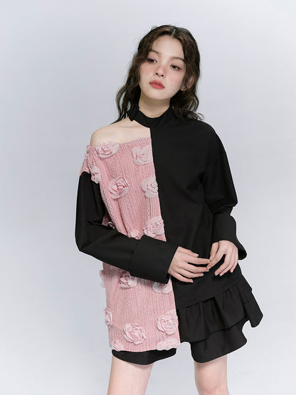 Asymmetric Dual Fabric Flower Long Sleeve Top