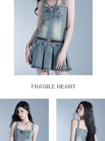 Pleated Washed Denim Short Bustier Dress With Belt