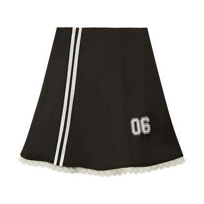 Lace Trimmed Sporty Midi Satin Skirt