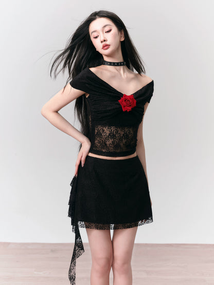 Rose Fitted Off-Shoulder Lace Top And Short Skirt