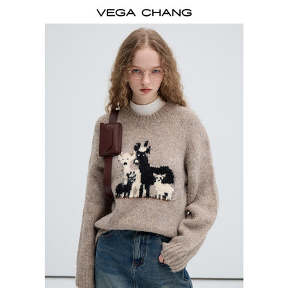 Wool Blend Relaxed Fit Deer Motif Sweater