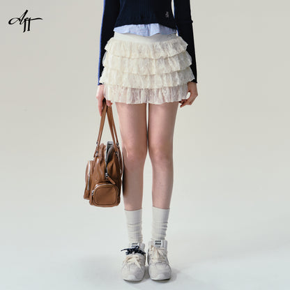 Sheer Lace Puffy Tiered Mini Skirt