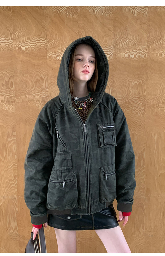 Washed Cotton Blend Hooded Jacket With Utility Pockets