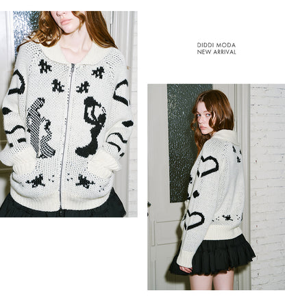 Fair Isle Zip Cardigan With Art Motif