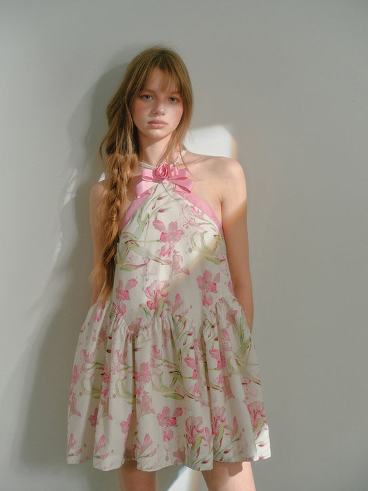 Flower Ribbon Cross Strap Floral Puffy Dress