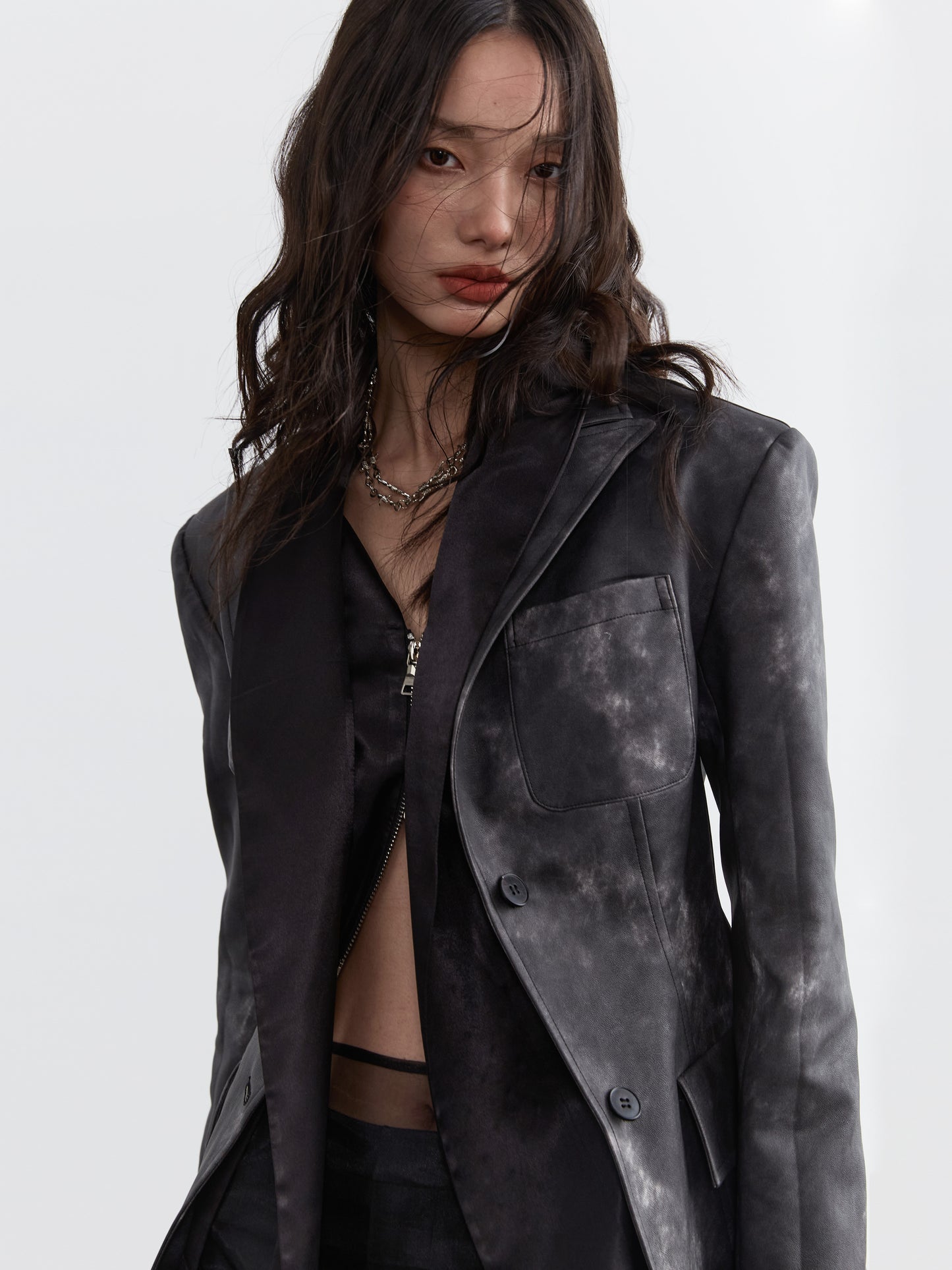 Smoky Ink-Dyed Faux Leather Fitted Jacket