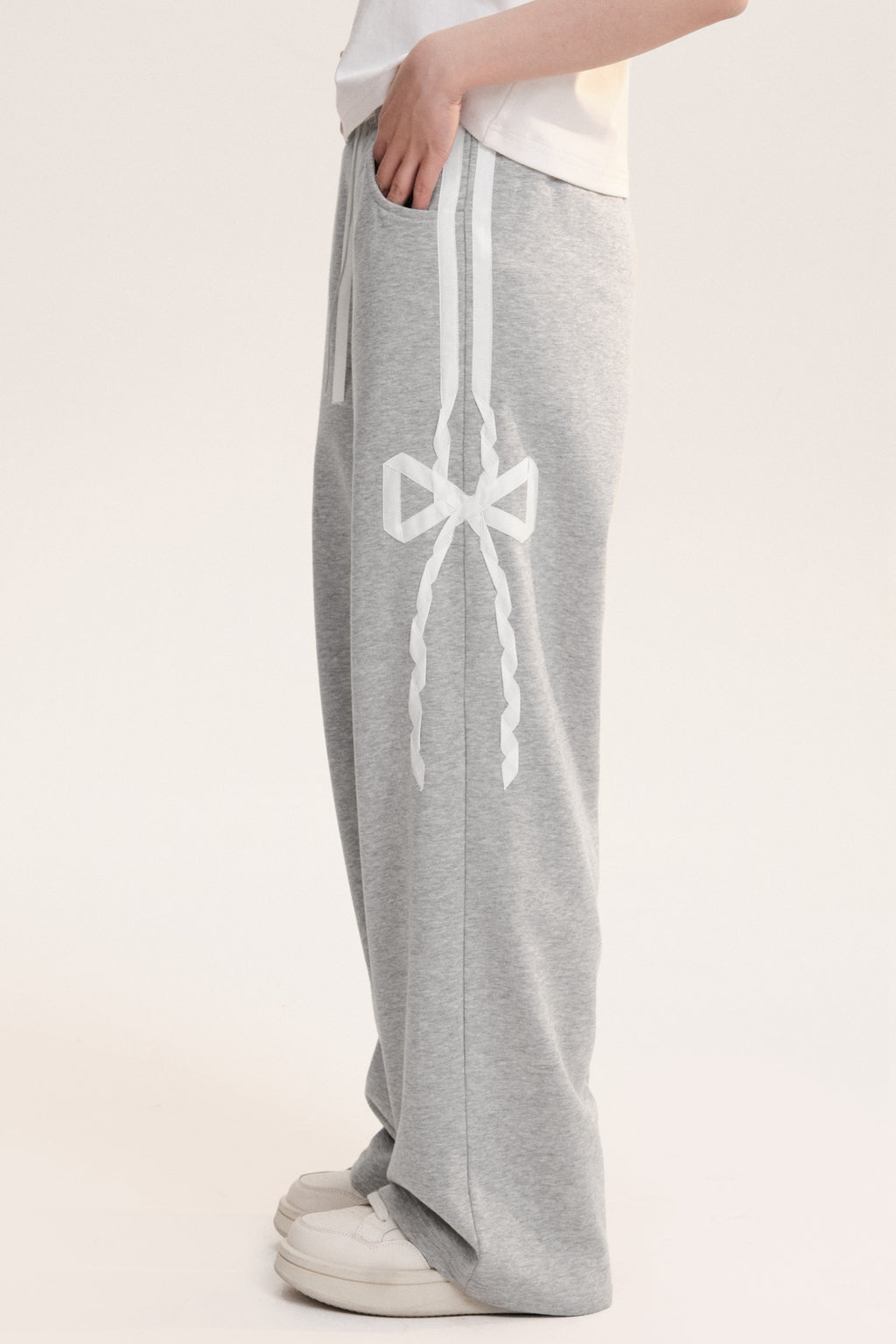 Lace Bow Patched Straight Wide Leg Sweatpants