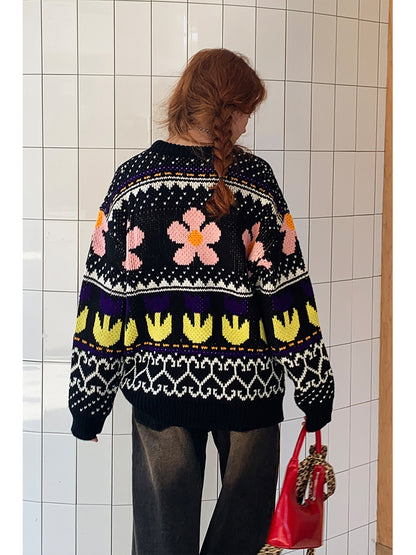 Multicolor Floral Jacquard Crew Neck Sweater