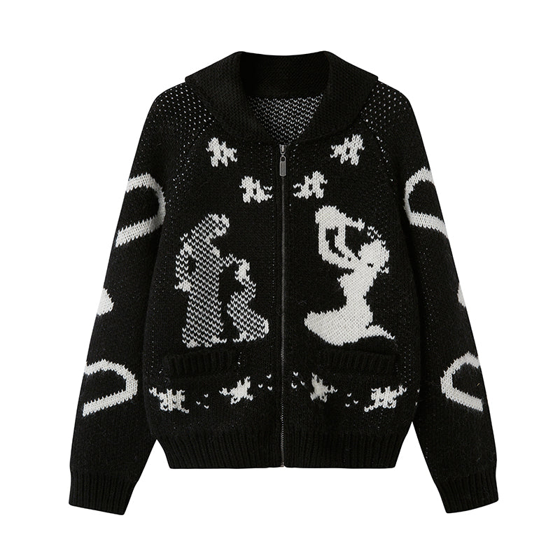 Fair Isle Zip Cardigan With Art Motif