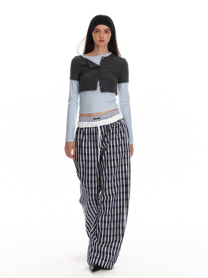 Foldable Waist Stripe-Look Checkered Pants