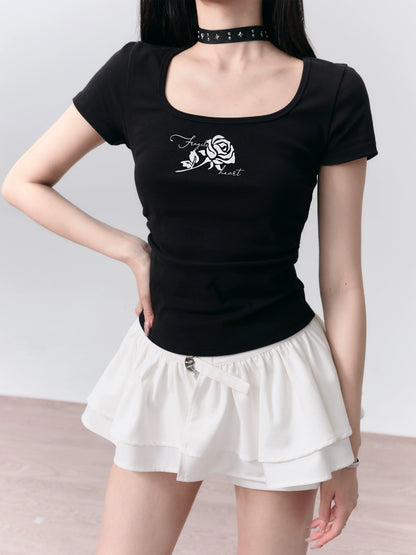 Rose Print Stretchy Cotton Square Neck Basic T-Shirt