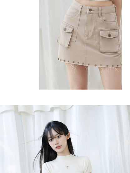 Denim Short Cargo Skirt With Studded Fringed Hem