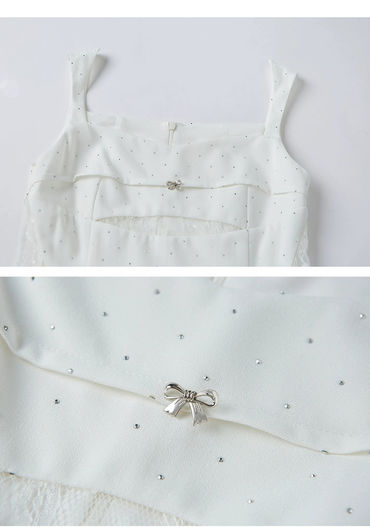 Sleeveless Studded Dot Pattern Short Flower Bud Dress