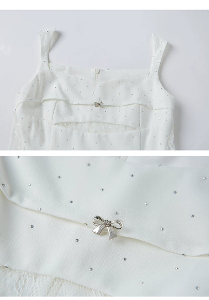 Sleeveless Studded Dot Pattern Short Flower Bud Dress