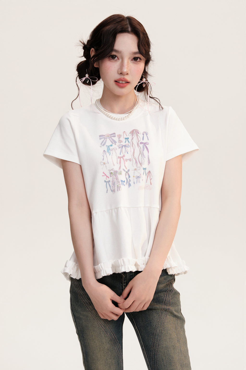 Illustrated Bows Print Frilled Hem T-Shirt