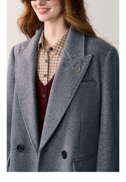 Classic Wool Blend Double-Breasted Coat With Charm