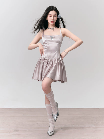 Satin Flowy Short Dress With Removable Faux Leather Bow