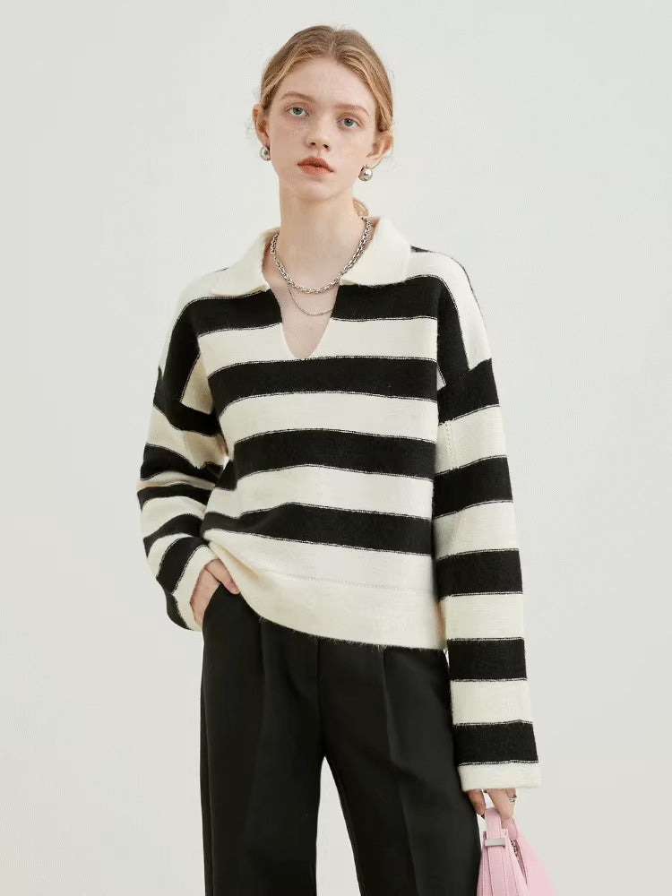 Polo Collar Open V-Neck Striped Sweater