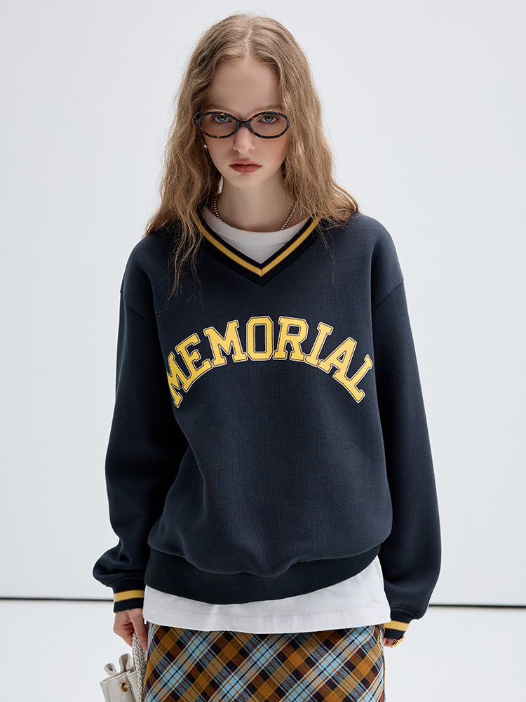 Letter Print Varsity V-Neck Sweatshirt