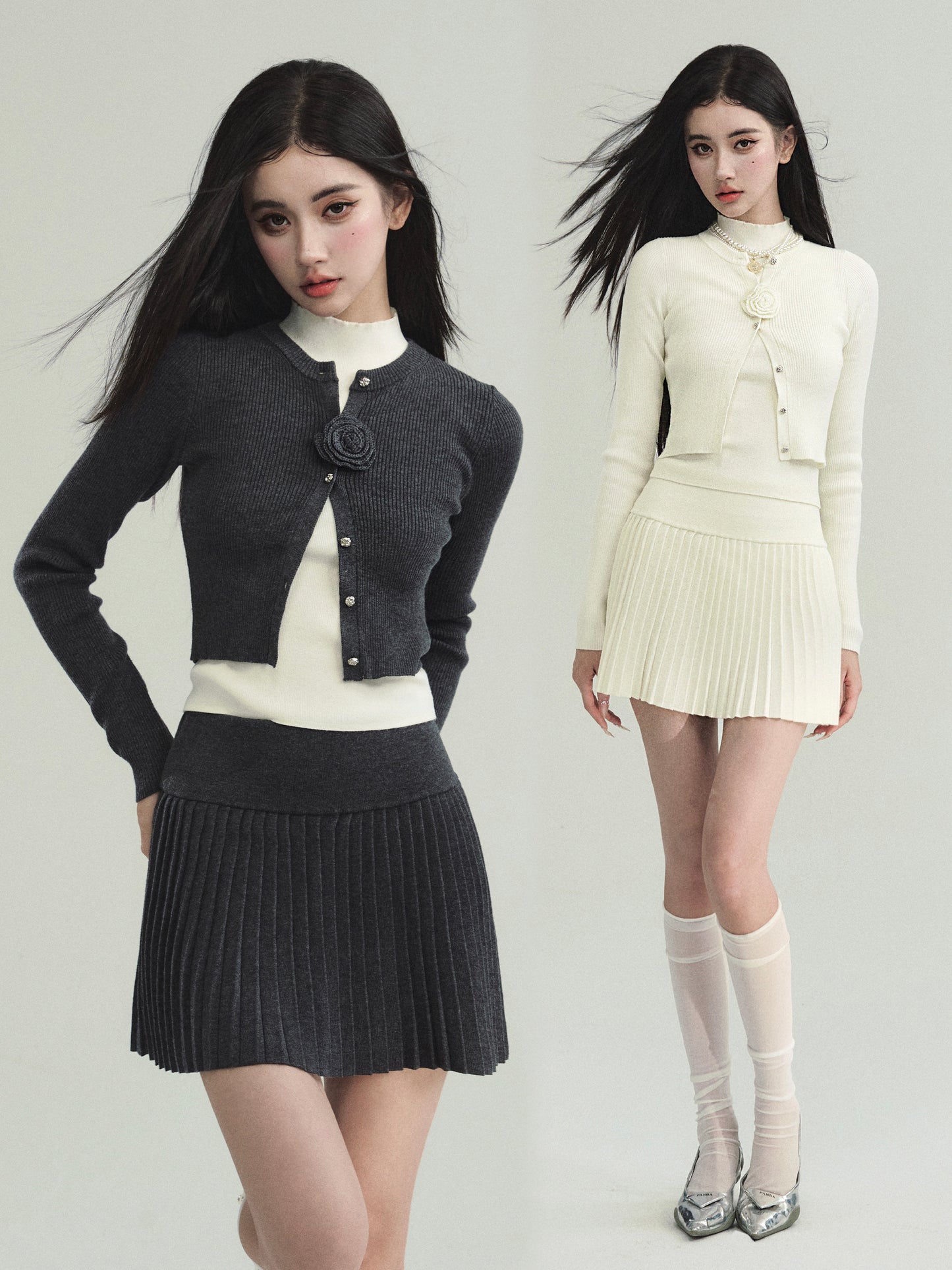 Fitted Rib Knit Cardigan, Pleated Skirt, Vest