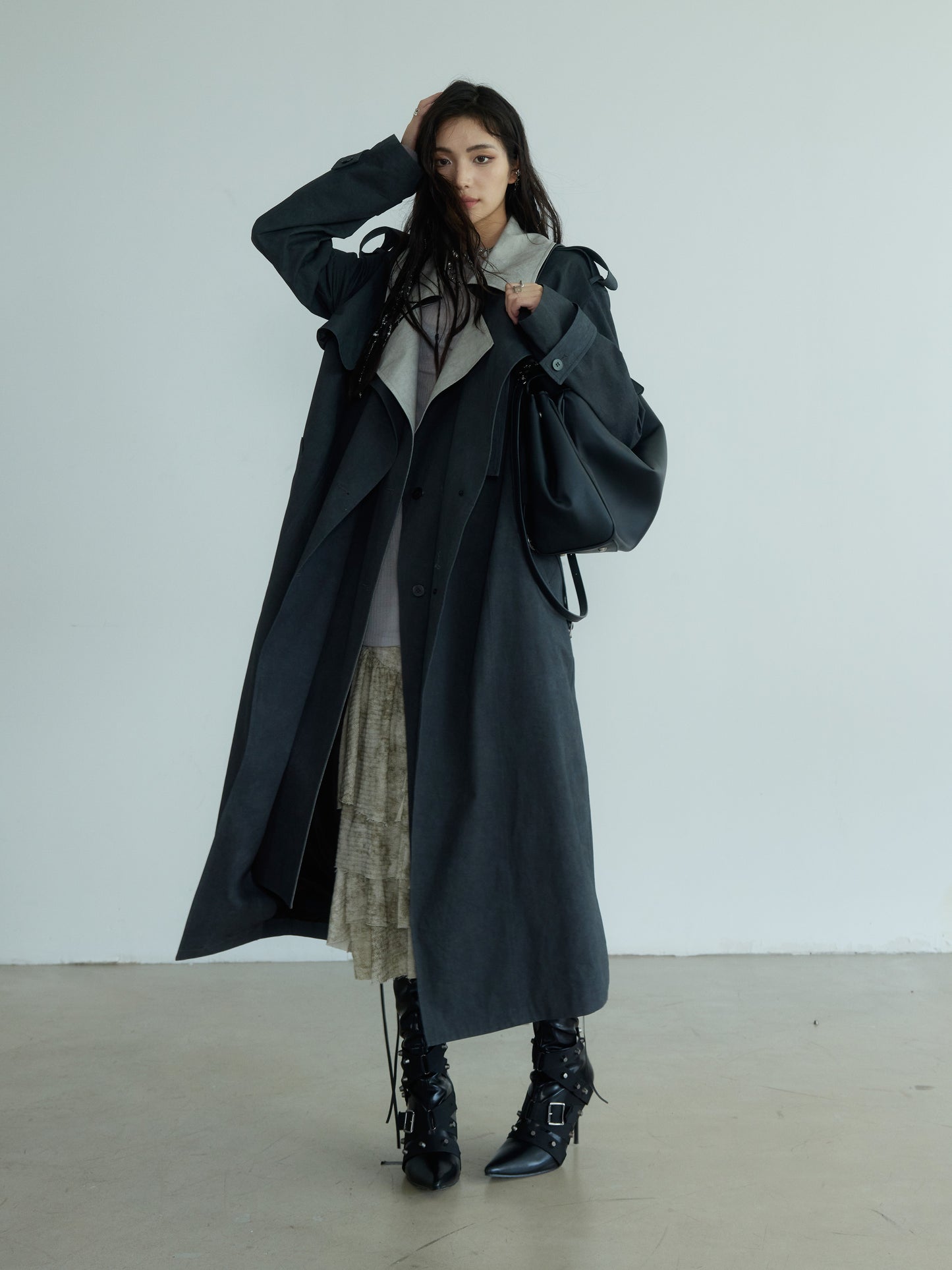 Two-Tone Belted Long Trench Coat