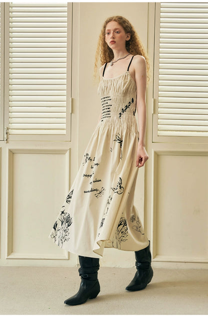 Gothic Print Flared Long Camisole Dress With Shirring